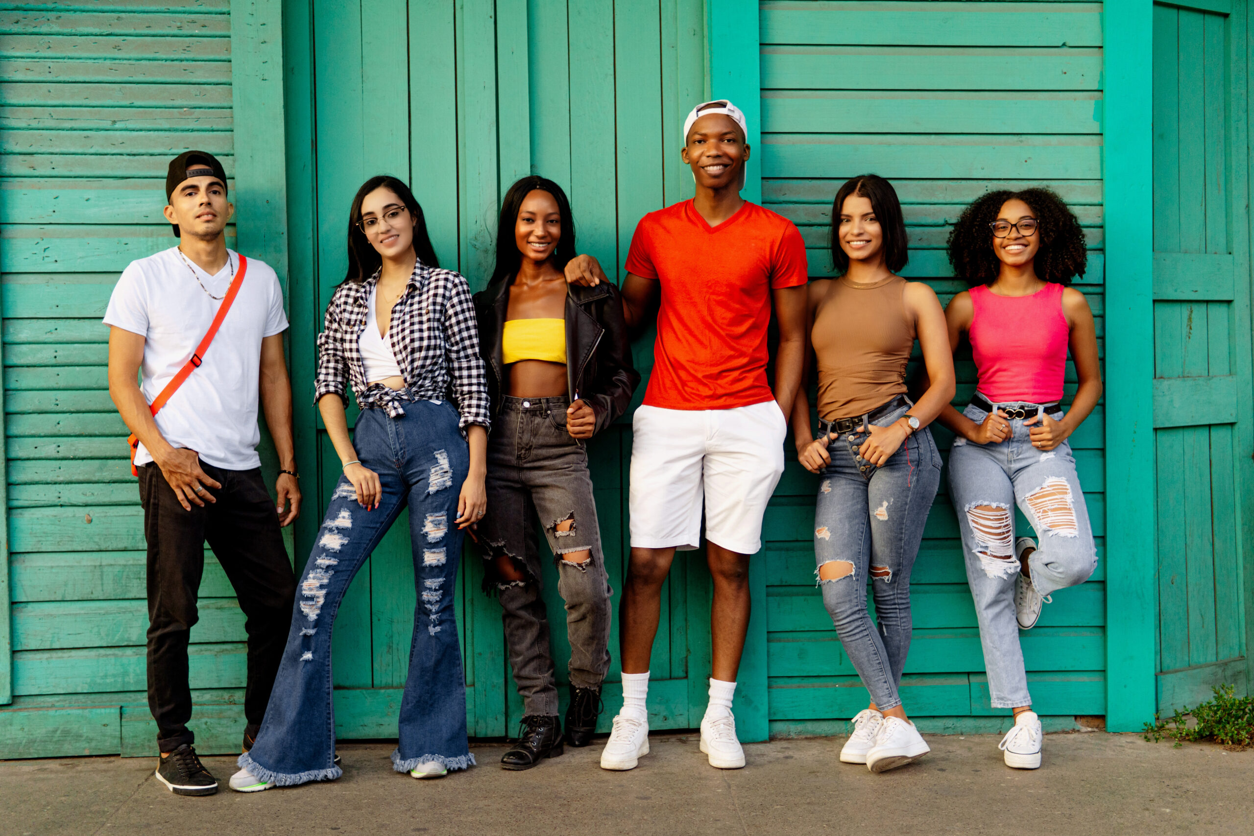 Latin american group of six friends the city street.